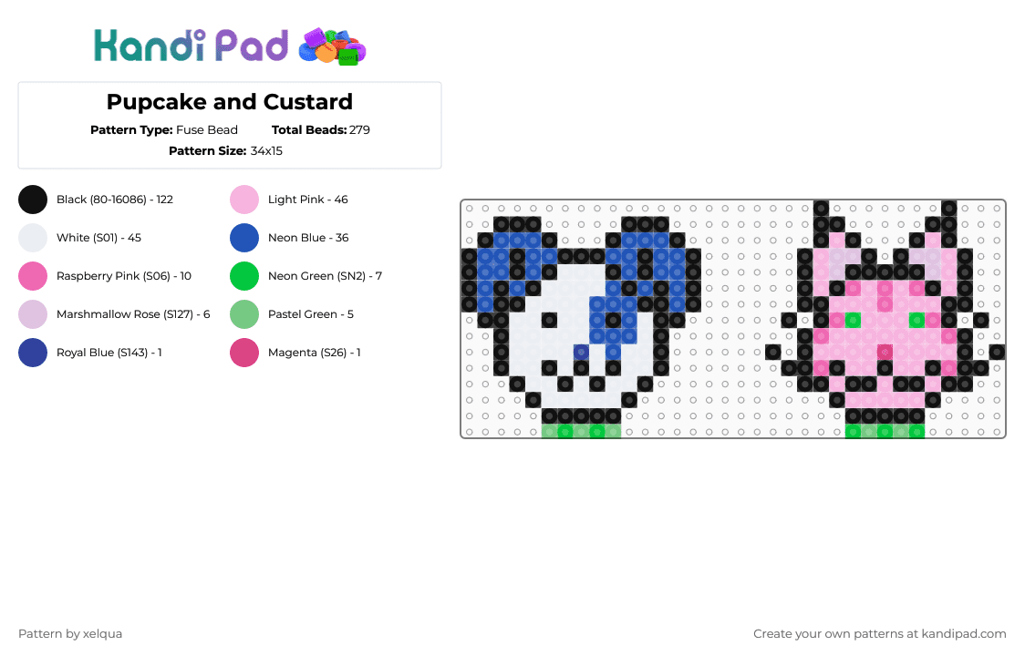 Pupcake and Custard - Fuse Bead Pattern by xelqua on Kandi Pad - black, blue, custard, pink, pupcake, shortcake, strawberry, strawberry shortcake