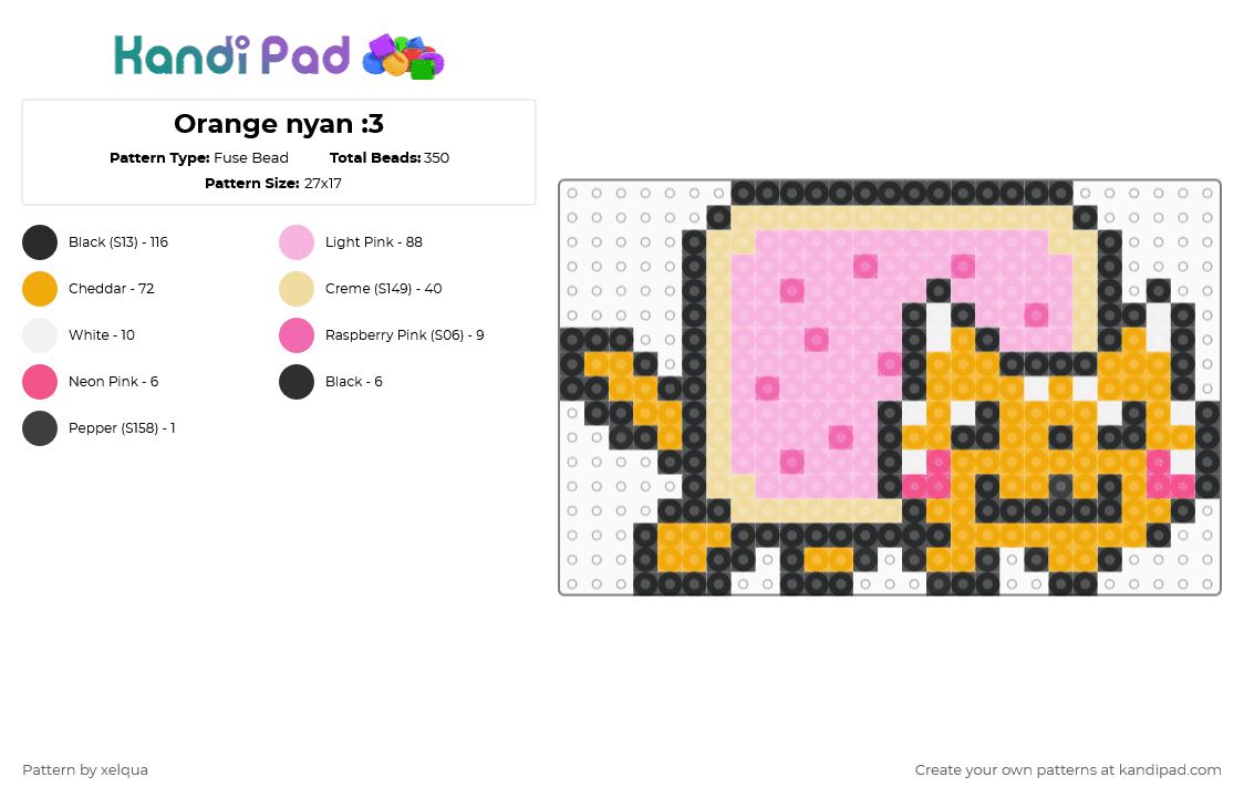 Orange nyan :3 - Fuse Bead Pattern by xelqua on Kandi Pad - animal,cartoon,meme,internet,pink,orange,cat,nyan,nyan cat,silly,poptart cat
