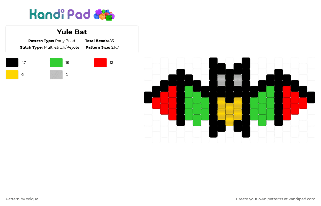 Yule Bat - Pony Bead Pattern by xelqua on Kandi Pad - black,red,green,yule,bat,christmas