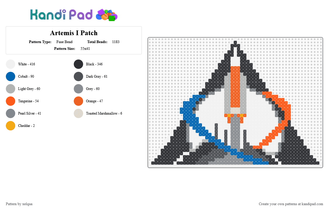 Artemis I Patch - Fuse Bead Pattern by xelqua on Kandi Pad - artemis, artemis 1, artemis 2, artemis nasa, artemis patch, gray, nasa, nasa artemis, orange, space, white