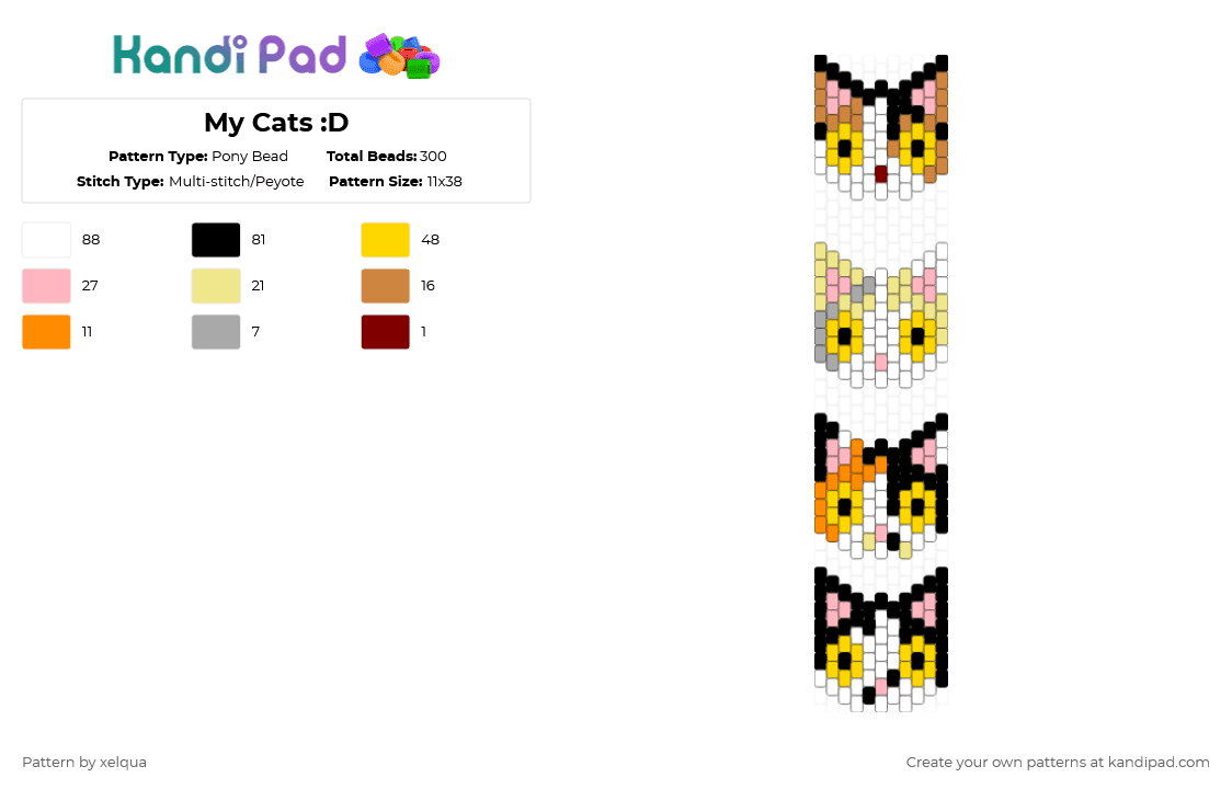 My Cats :D - Pony Bead Pattern by xelqua on Kandi Pad - yellow,pink,orange,cat,cats,kittie,kitty