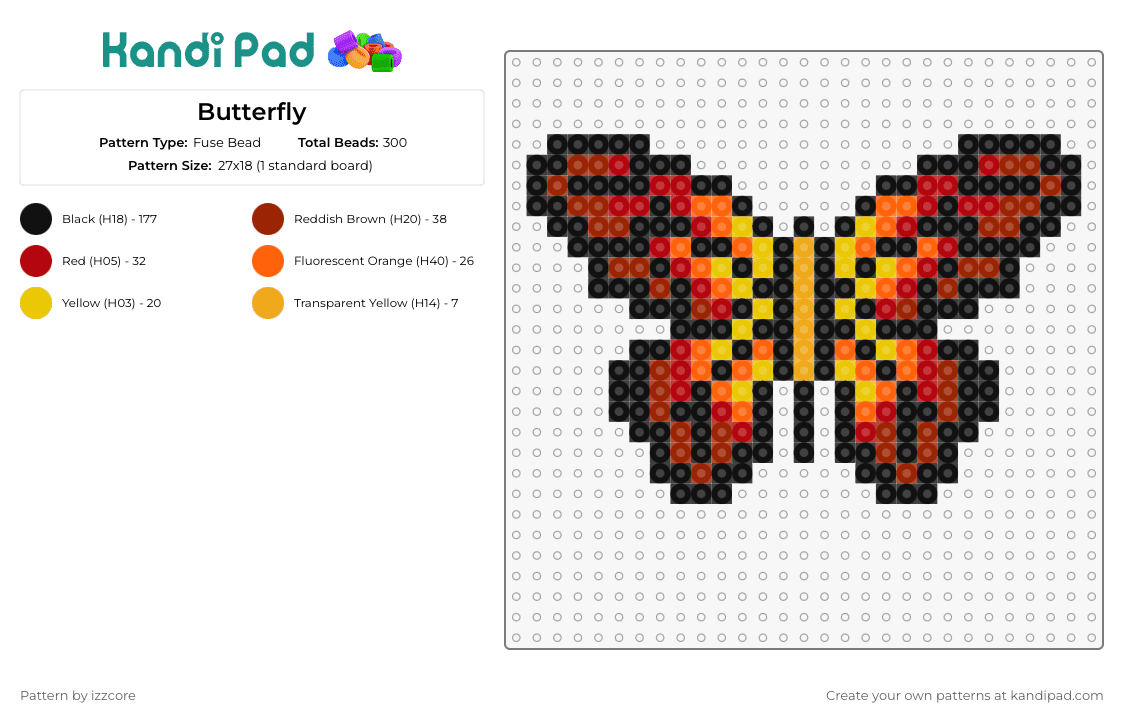 Butterfly - Fuse Bead Pattern by izzcore on Kandi Pad - butterfly,leaves,fiery,nature,insect,wings,vibrant,grace,red,yellow