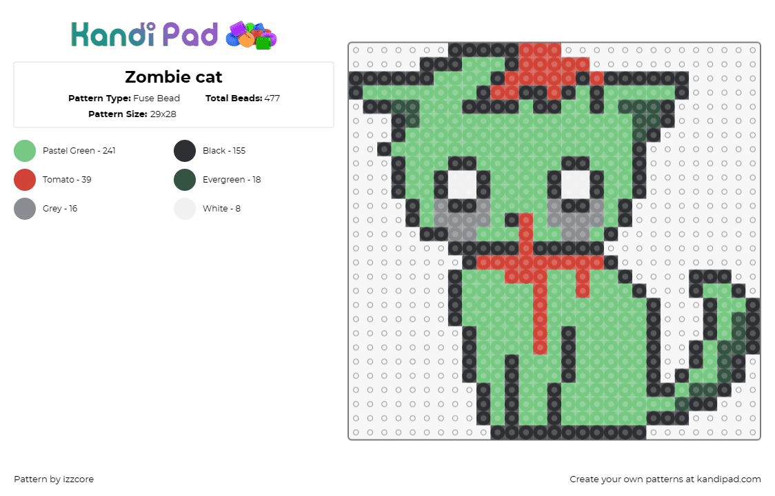 Zombie cat - Fuse Bead Pattern by izzcore on Kandi Pad - zombie,cat,spooky,cute,horror,halloween,undead,frightful,green