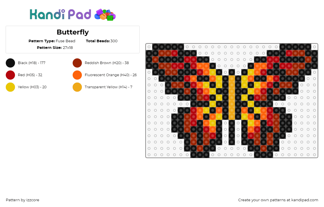 Butterfly - Fuse Bead Pattern by izzcore on Kandi Pad - butterfly,leaves,fiery,nature,insect,wings,vibrant,grace,red,yellow