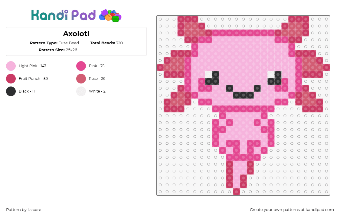 Axolotl - Fuse Bead Pattern by izzcore on Kandi Pad - axolotl,cute,aquatic,whimsical,creature,amphibian,pink