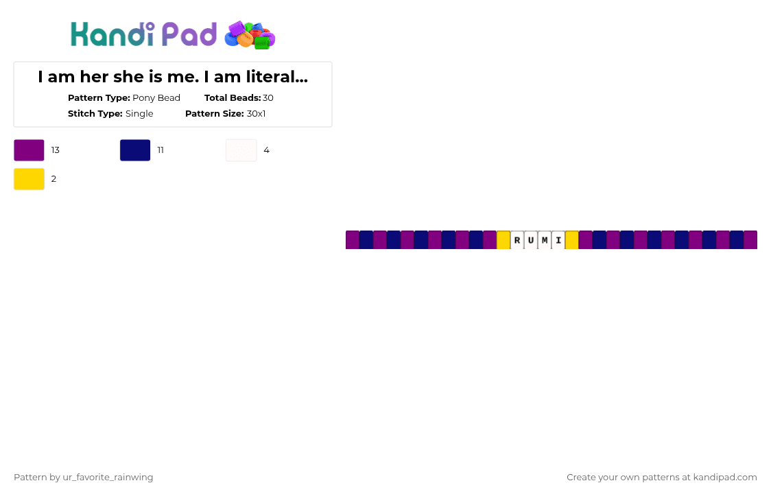 I am her she is me. I am literally just Rumi. - Pony Bead Pattern by kyojuros_wifeyy on Kandi Pad - pink,purple