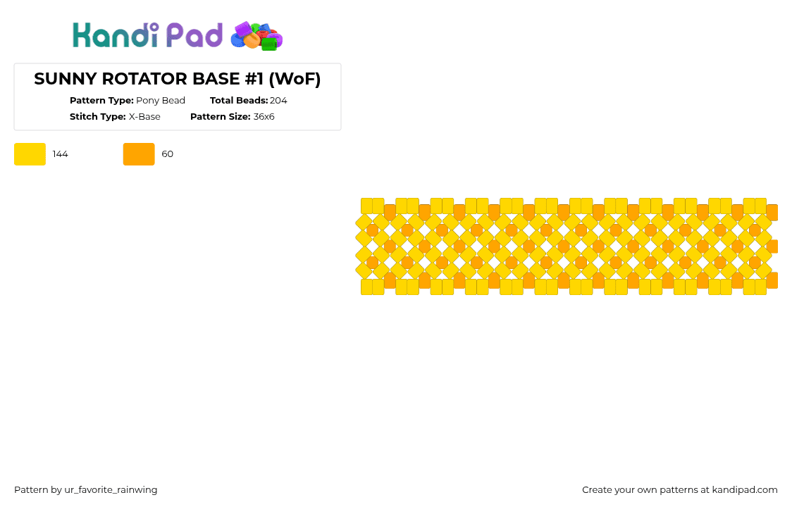 SUNNY ROTATOR BASE #1 (WoF) - Pony Bead Pattern by kyojuros_wifeyy on Kandi Pad - sun,summer,xbase,cuff,bright,rotator,baseball,sports,yellow,orange