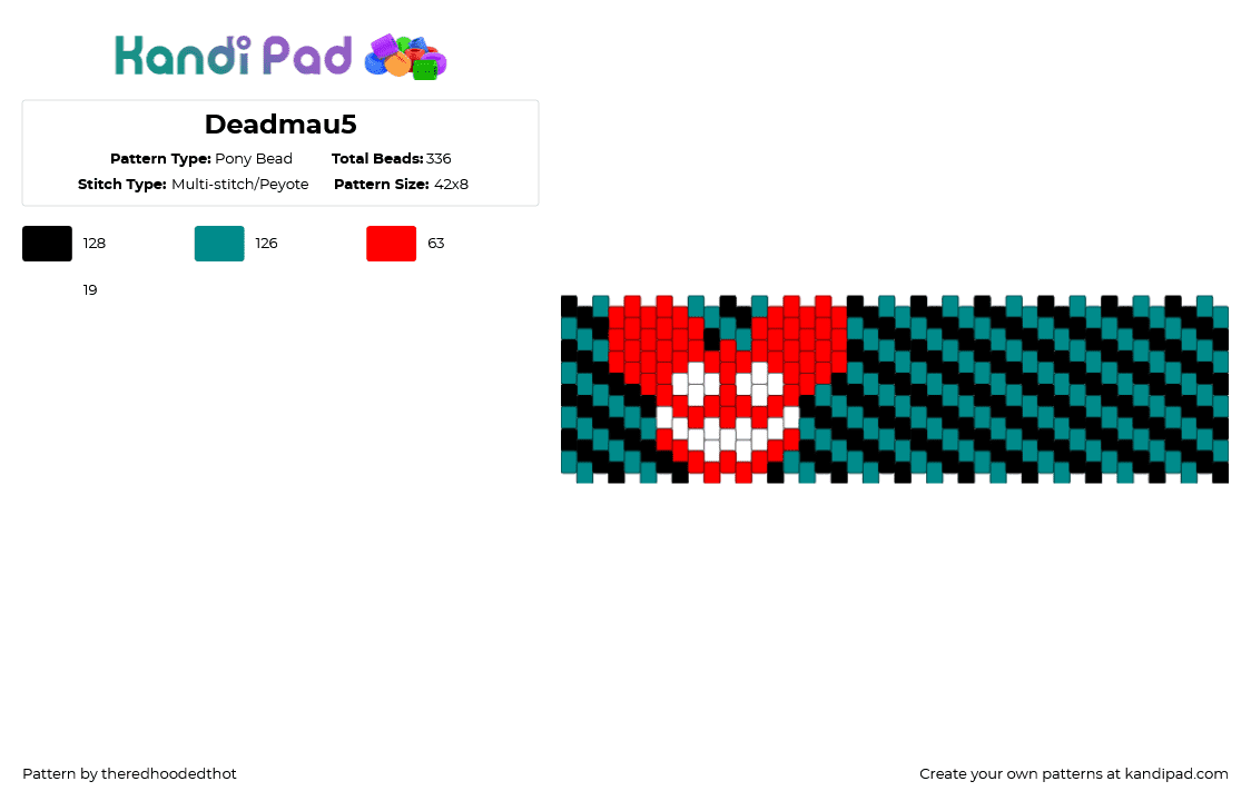 Deadmau5 - Pony Bead Pattern by theredhoodedthot on Kandi Pad - deadmau5,diagonal,stripes,cuff,dj,m usic,edm,music,red,teal