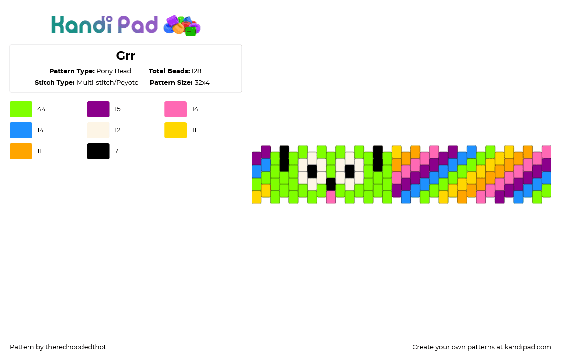 Grr - Pony Bead Pattern by theredhoodedthot on Kandi Pad - gir,invader zim,diagonal stripes,cuff,dog,animal,cartoon,tv show,pink,green