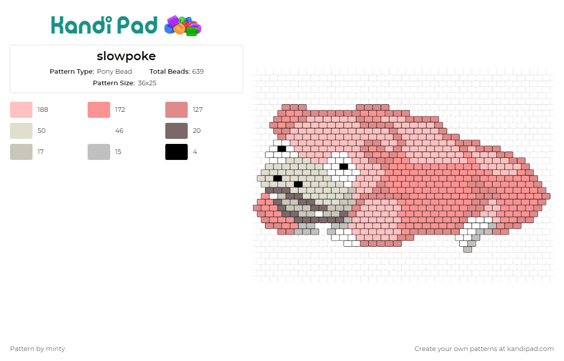 slowpoke - Pony Bead Pattern by minty on Kandi Pad - slowpoke,pokemon,adorable,laid-back,creature,anime,fan art,charm,pink