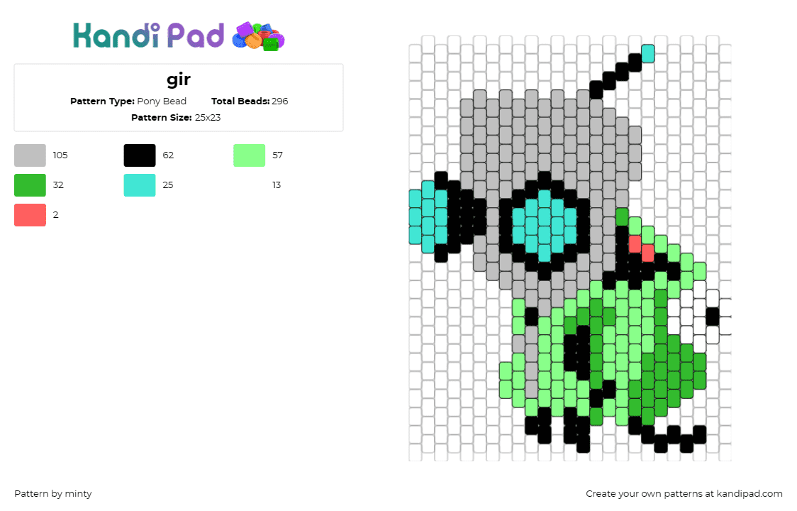 gir - Pony Bead Pattern by minty on Kandi Pad - gir,invader zim,cartoon,robot,costume,character,alien,tv show,green,gray