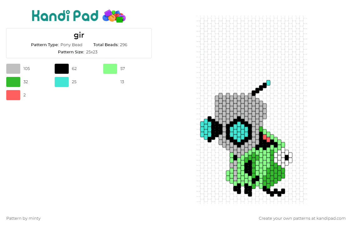 gir - Pony Bead Pattern by minty on Kandi Pad - gir,invader zim,cartoon,robot,dog suit,character,alien,animated,television,green,gray