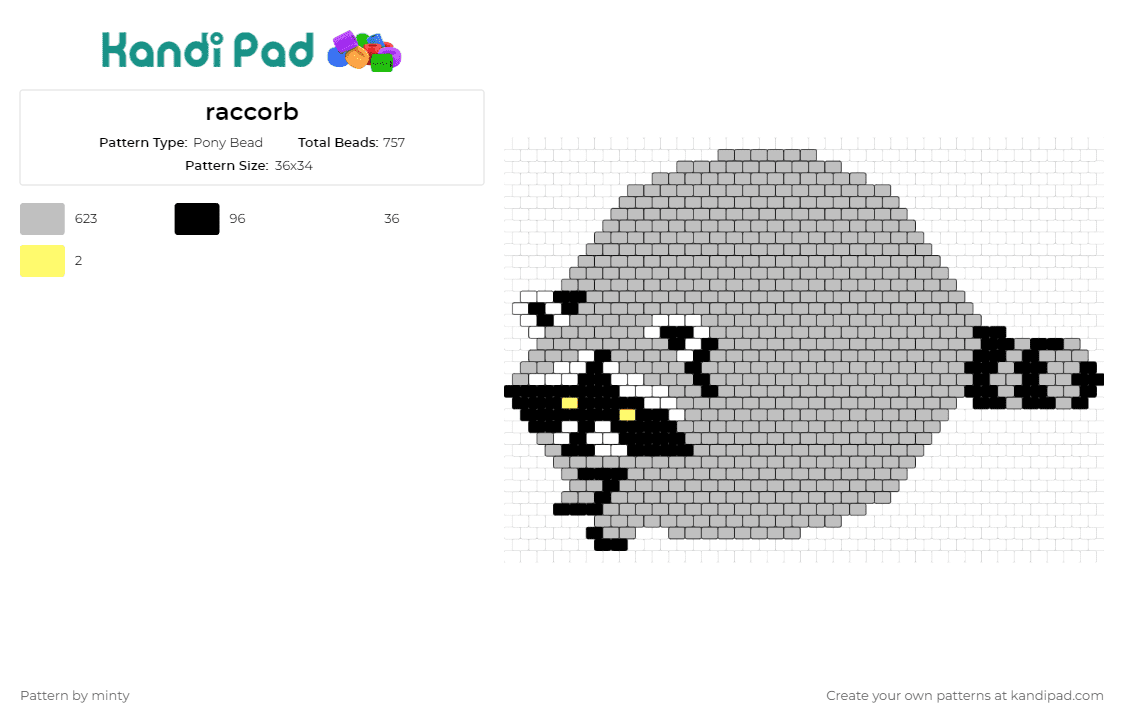 raccorb - Pony Bead Pattern by minty on Kandi Pad - raccoon,chunky,chonk,fat,cute,animal,whimsy,adorable,fluffy,grey