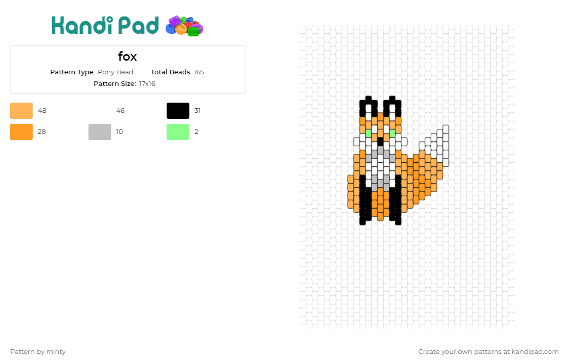fox - Pony Bead Pattern by minty on Kandi Pad - fox,animal,woodland,cute,wildlife,charming,expressive,orange,white