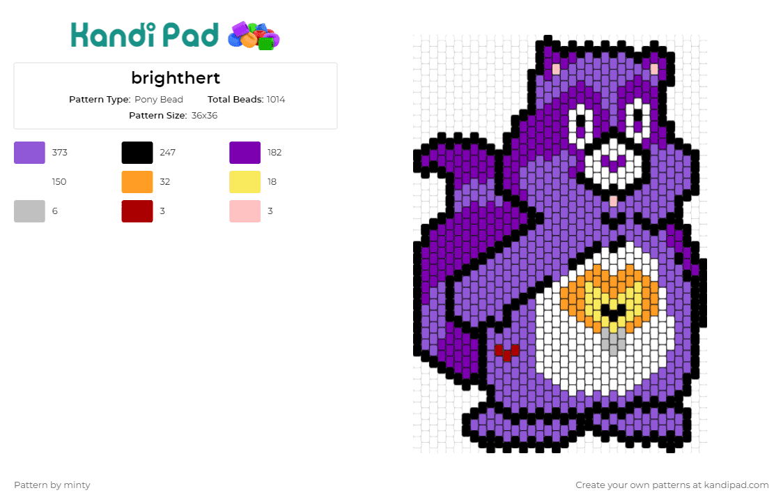 brighthert - Pony Bead Pattern by minty on Kandi Pad - bright heart,care bears,raccoon,nostalgic,purple,character,endearing,heart,cheerful,purple