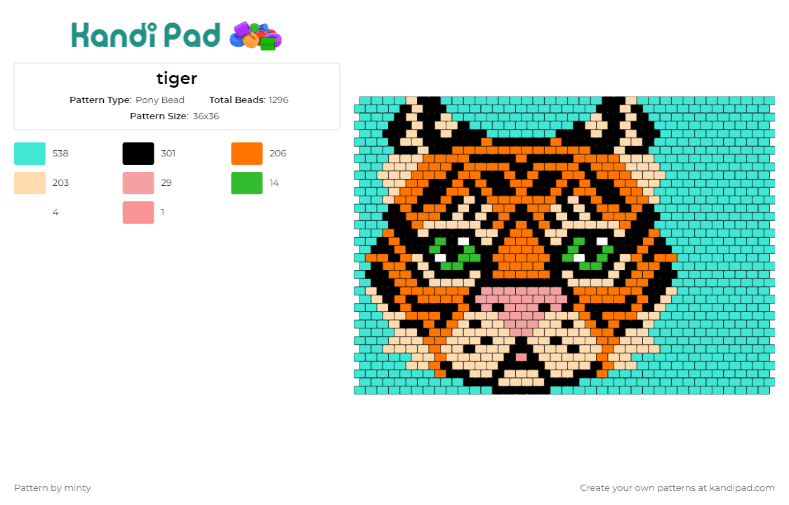 tiger - Pony Bead Pattern by minty on Kandi Pad - tiger,big cat,animal,wild,stripes,fierce,majestic,beauty,orange