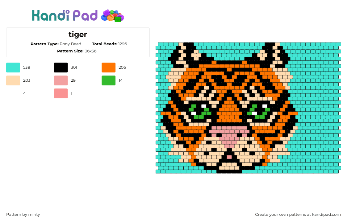 tiger - Pony Bead Pattern by minty on Kandi Pad - tiger,big cat,animal,wild,stripes,fierce,majestic,orange