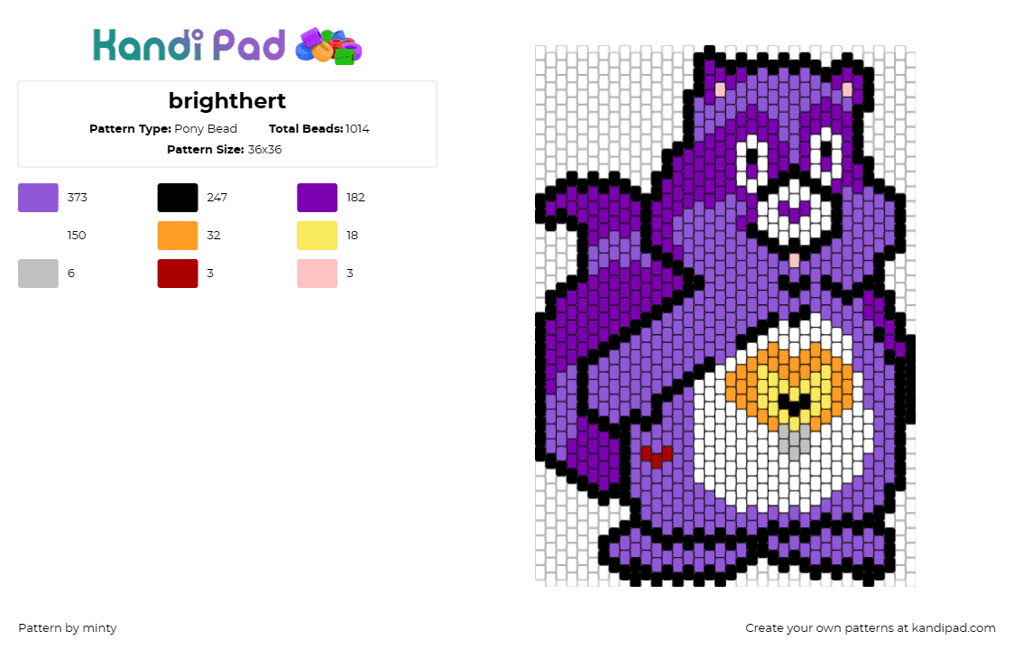 brighthert - Pony Bead Pattern by minty on Kandi Pad - bright heart,care bears,raccoon,nostalgic,purple,character,heart,cheerful,purple