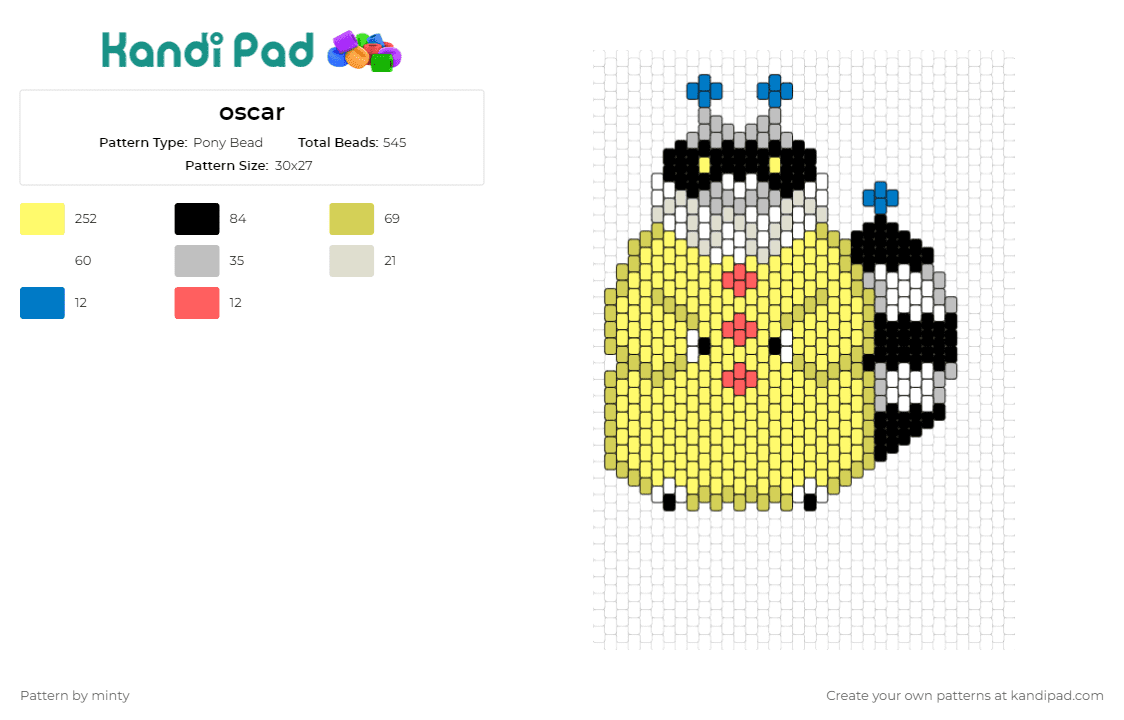 oscar - Pony Bead Pattern by minty on Kandi Pad - oscar,raccoon,woodland,creature,curious,clever,animal,nature,yellow