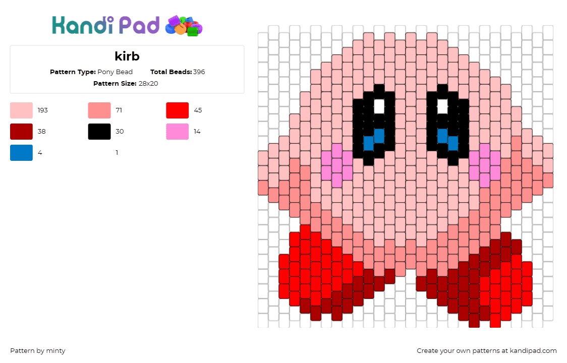 kirb - Pony Bead Pattern by minty on Kandi Pad - kirby,nintendo,video game,character,cute,pink,red