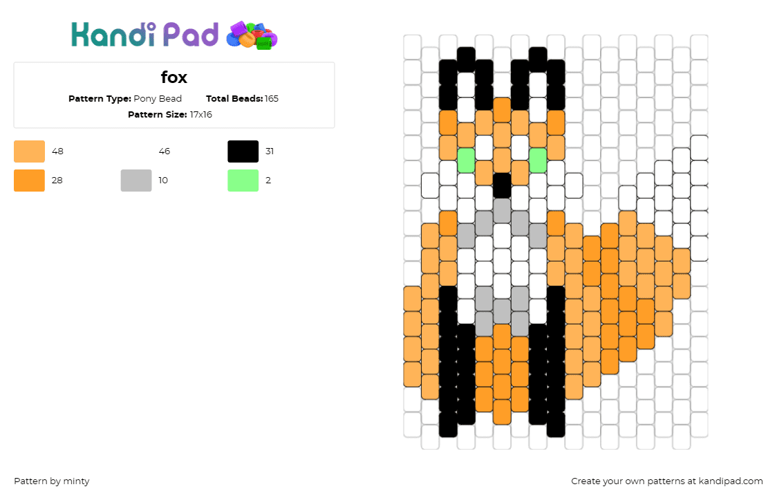 fox - Pony Bead Pattern by minty on Kandi Pad - fox,animal,woodland,cute,wildlife,expressive,orange,white