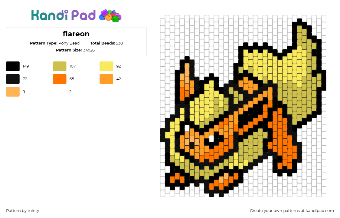 flareon - Pony Bead Pattern by minty on Kandi Pad - flareon,pokemon,eevee,fiery,character,warmth,vibrant,spirit,orange,yellow