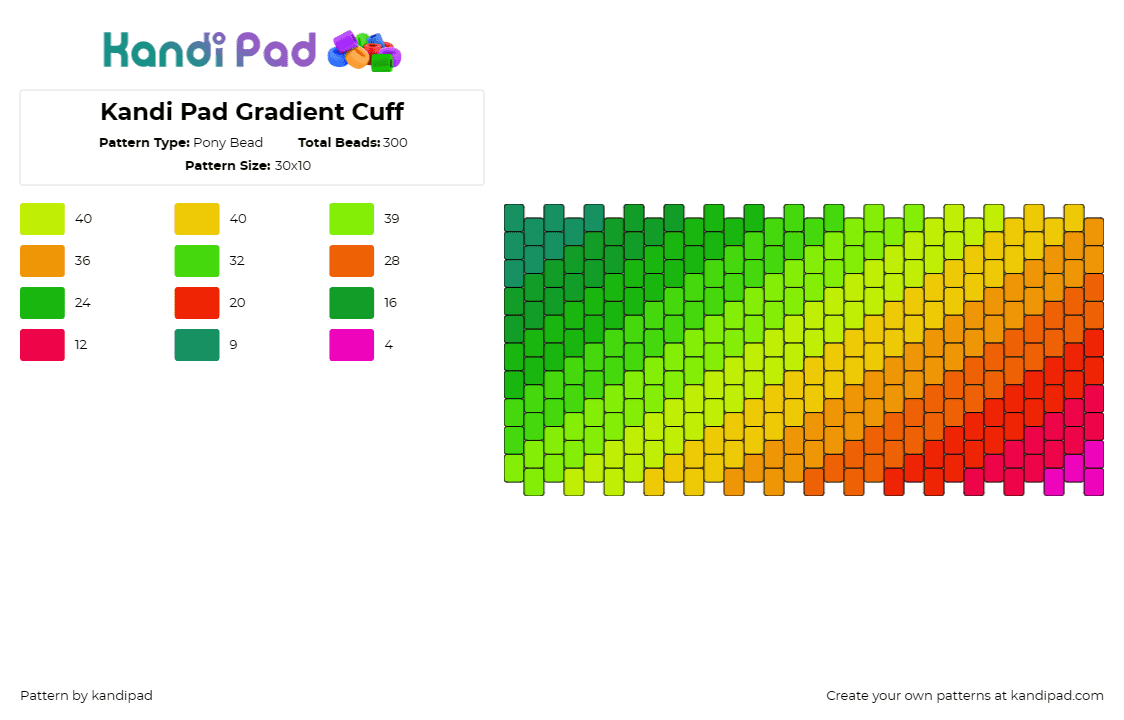 Kandi Pad Gradient Cuff - Pony Bead Pattern by kandipad on Kandi Pad - gradient,diagonal,colorful,cuff,green,orange,red