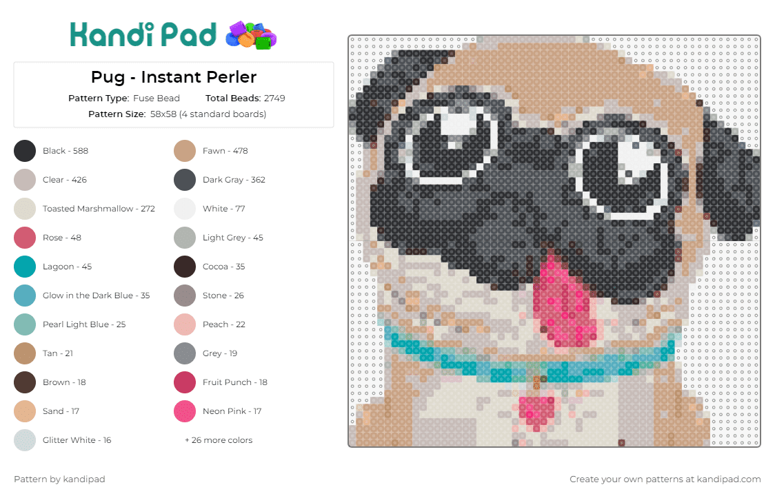 Pug - Instant Perler - Fuse Bead Pattern by kandipad on Kandi Pad - pugs,dogs,animals,cute