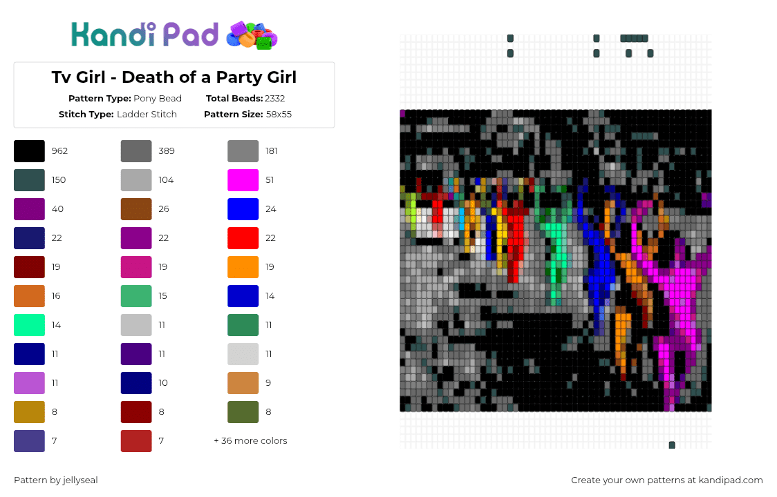 Tv Girl - Death of a Party Girl - Pony Bead Pattern by jellyseal on Kandi Pad - black,gray,beige,colorful