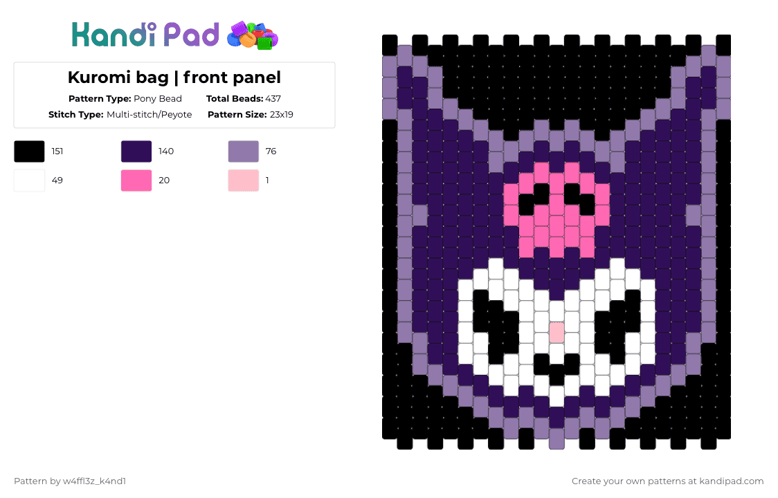 Kuromi bag | front panel - Pony Bead Pattern by w4ffl3z_k4nd1 on Kandi Pad - gray,purple,sanrio,hellokitty,kuromi,bag