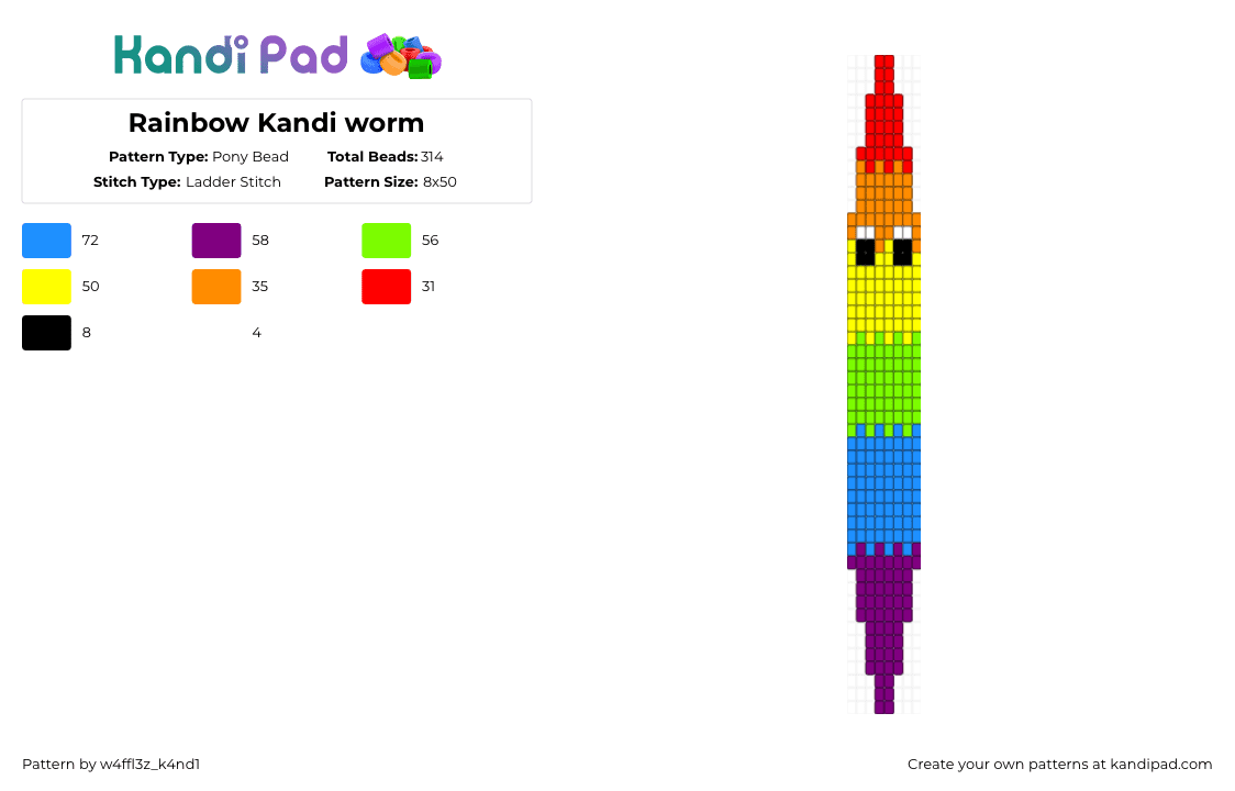 Rainbow Kandi worm - Pony Bead Pattern by w4ffl3z_k4nd1 on Kandi Pad - yellow,green,light blue,pink,rainbow,pride,worm,kandi