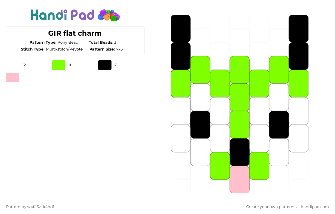 GIR flat charm - Pony Bead Pattern by w4ffl3z_k4nd1 on Kandi Pad - gir,invader zim,head,character,flat charm,small charm,cartoon,tv show,green,invaderzim,flatcharm,charm,smallcharm