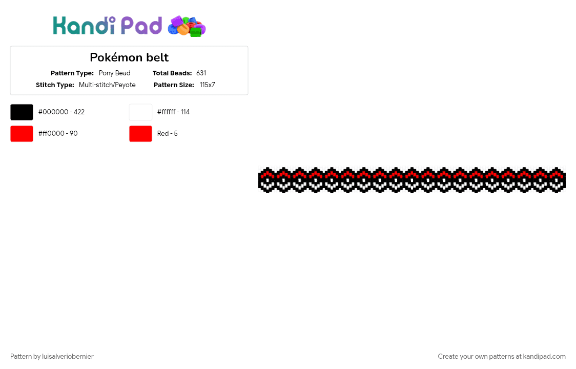 Pokémon belt - Pony Bead Pattern by ami333 on Kandi Pad - black, red, white