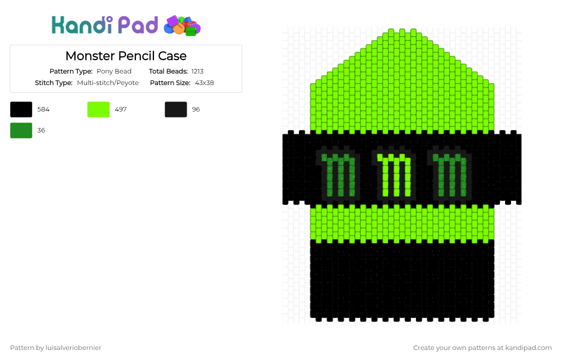 Monster Pencil Case - Pony Bead Pattern by ami333 on Kandi Pad - black, green