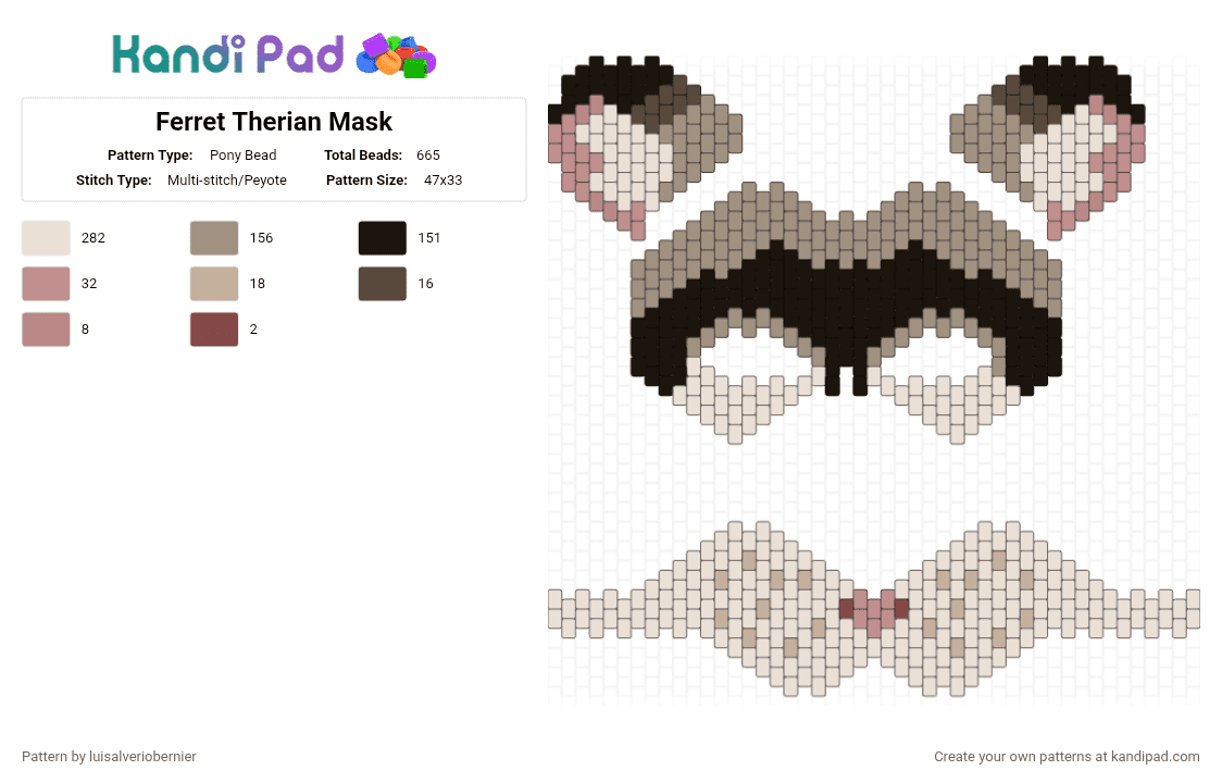 Ferret Therian Mask - Pony Bead Pattern by luisalveriobernier on Kandi Pad - white,gray
