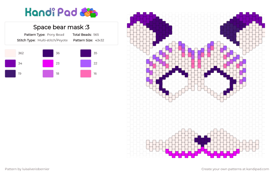 Space bear mask :3 - Pony Bead Pattern by luisalveriobernier on Kandi Pad - white,purple,pink