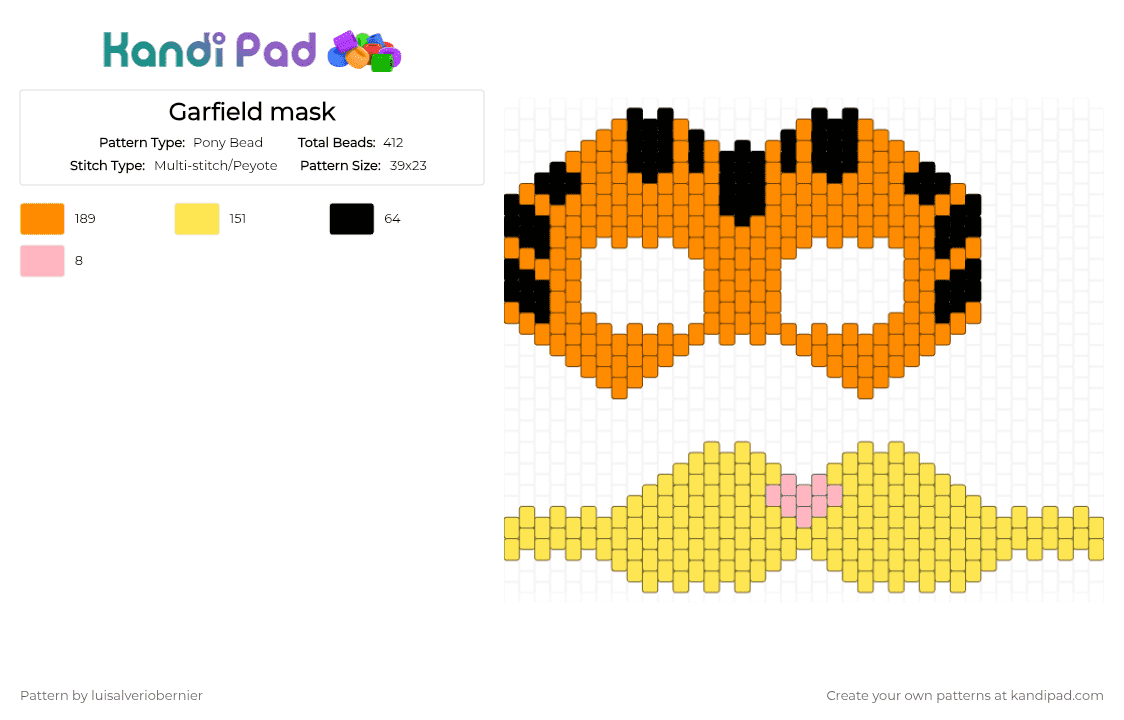 Garfield mask - Pony Bead Pattern by luisalveriobernier on Kandi Pad - orange,yellow