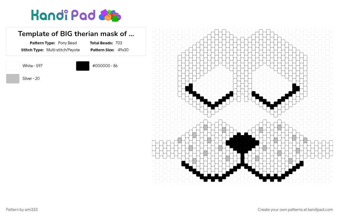 Template of BIG therian mask of furry mask - Pony Bead Pattern by ami333 on Kandi Pad - white