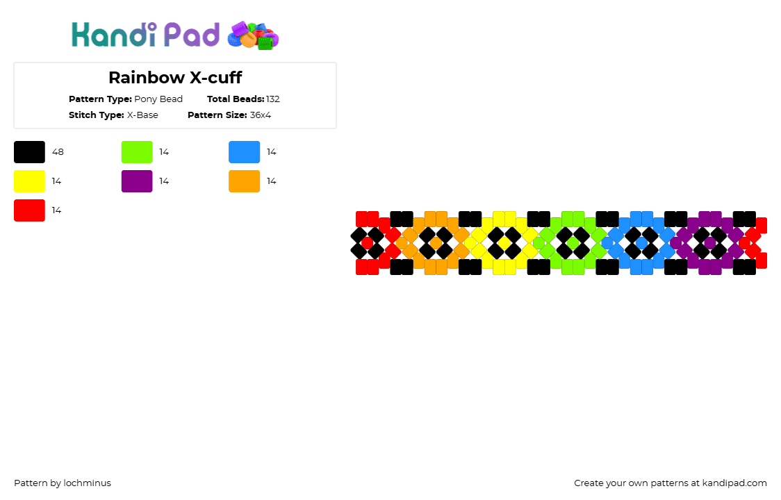 Rainbow X-cuff - Pony Bead Pattern by lochminus on Kandi Pad - light blue,pink,red,colorful