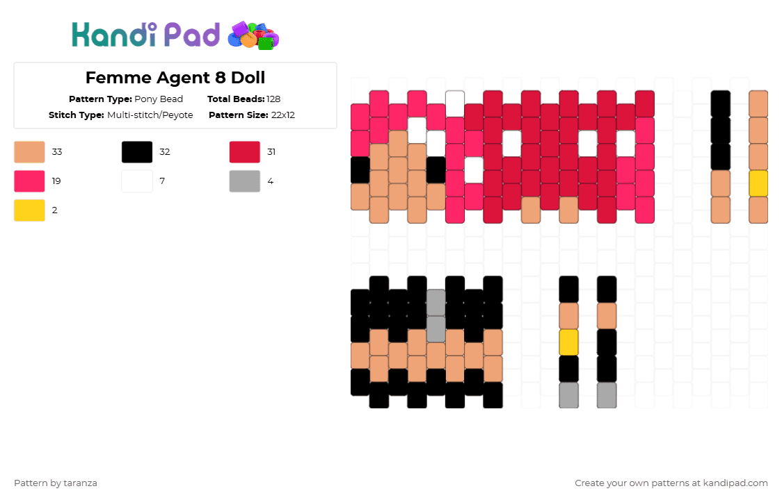 Femme Agent 8 Doll - Pony Bead Pattern by taranza on Kandi Pad - red,beige,agent 8,doll,splatoon,splatoon 2,octo expansion,octopus,octoling,gaming