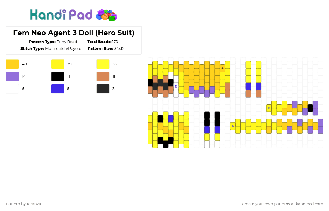 Fem Neo Agent 3 Doll (Hero Suit) - Pony Bead Pattern by taranza on Kandi Pad - yellow,agent 3,neo agent 3,neo 3,splatoon 3,splatoon,inkling,squid,gaming