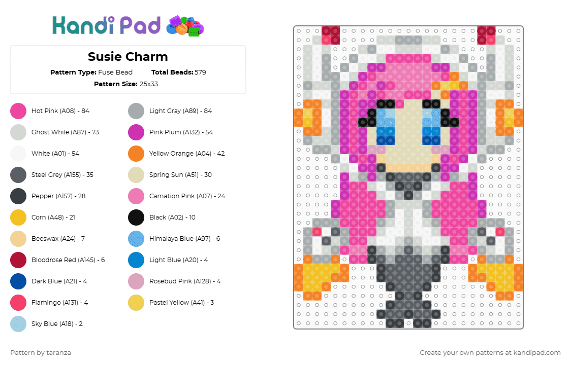 Susie Charm - Fuse Bead Pattern by taranza on Kandi Pad - pink,gray,susie,kirby,planet robobot,nintendo,games,video games,hoshi no kaabii,kirby of the stars
