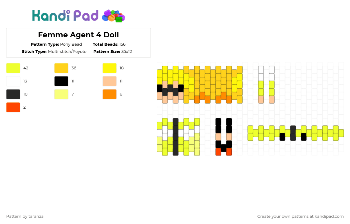Fem Agent 4 Doll - Pony Bead Pattern by taranza on Kandi Pad - yellow,agent 4,inkling,squid,splatoon,splatoon 2,doll,nintendo,gaming