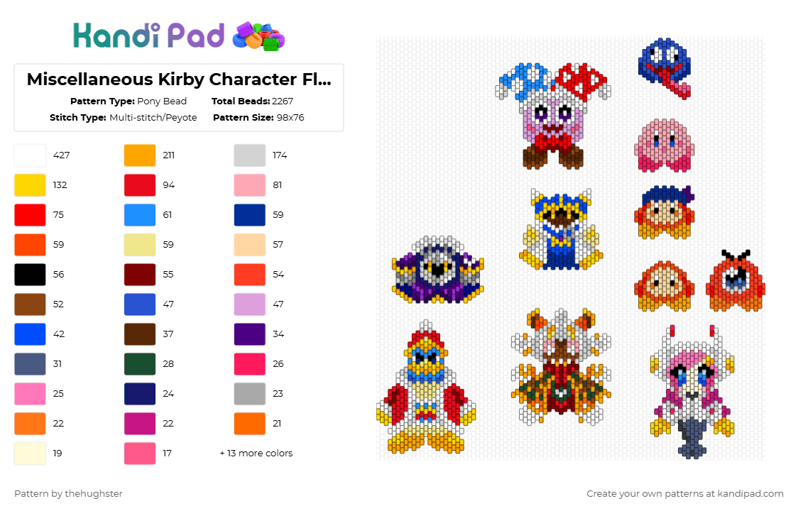 Miscellaneous Kirby Character Flat Charms - Pony Bead Pattern by taranza on Kandi Pad - red,pink,orange,colorful,kirby,magolor,taranza,waddle dee,susie haltmann,meta knight,king dedede,marx