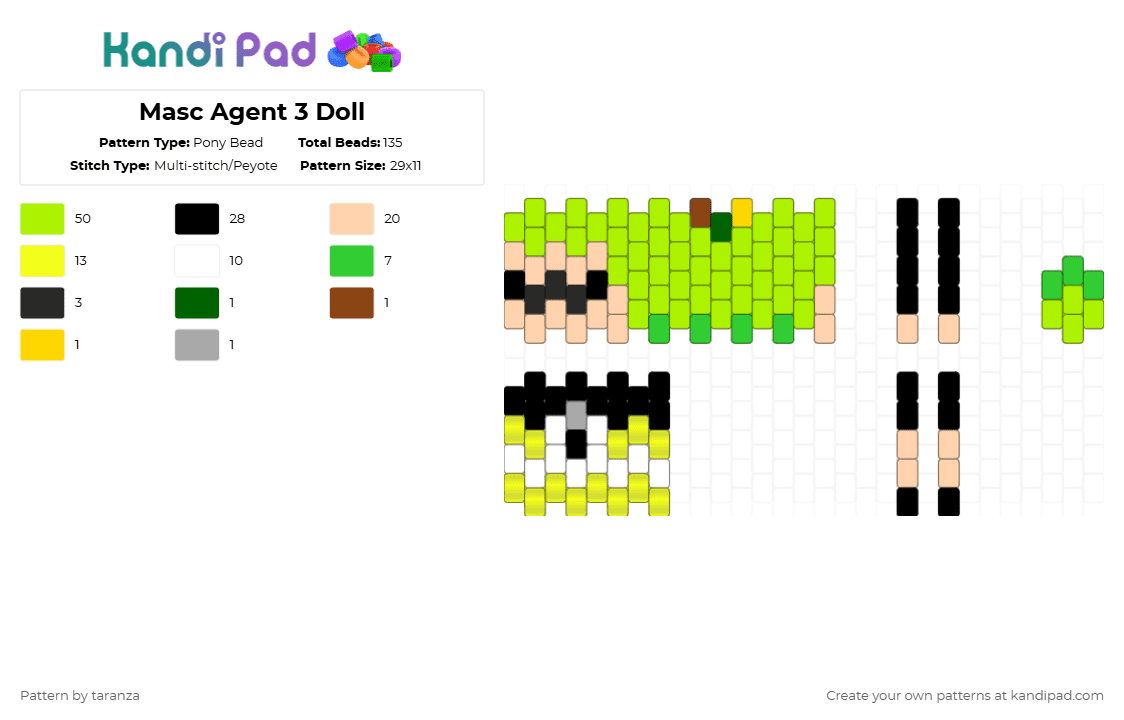 Masc Agent 3 Doll - Pony Bead Pattern by taranza on Kandi Pad - green,splatoon,agent 3,inkling,squid,nintendo,games,gaming,cephalopod