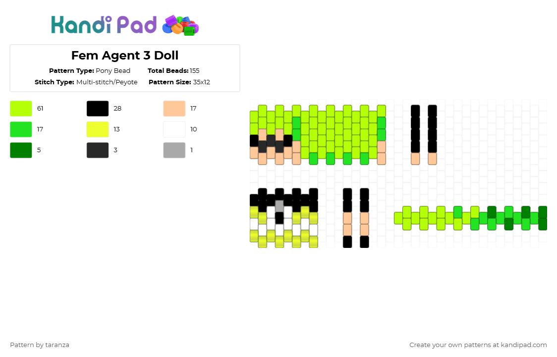 Fem Agent 3 Doll - Pony Bead Pattern by taranza on Kandi Pad - green,splatoon,agent 3,inkling,squid,gaming,nintendo,doll,video games