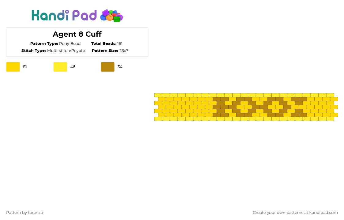 Agent 8 Cuff (Peyote) - Pony Bead Pattern by taranza on Kandi Pad - yellow,agent 8,splatoon,octoling,octopus,splatoon 2,octo expansion,nintendo,gaming
