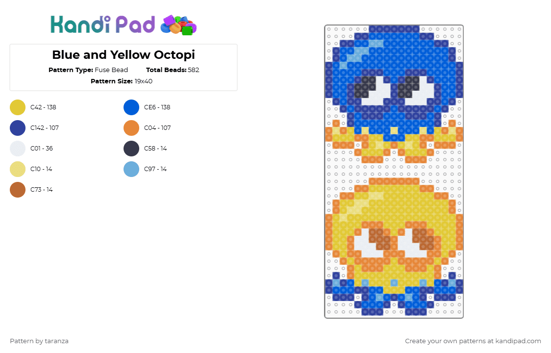 Blue and Yellow Octopi - Fuse Bead Pattern by taranza on Kandi Pad - octopus,cute,animal,video game,nintendo,gaming,purple,orange,yellow,blue,splatoon,octoling,charm