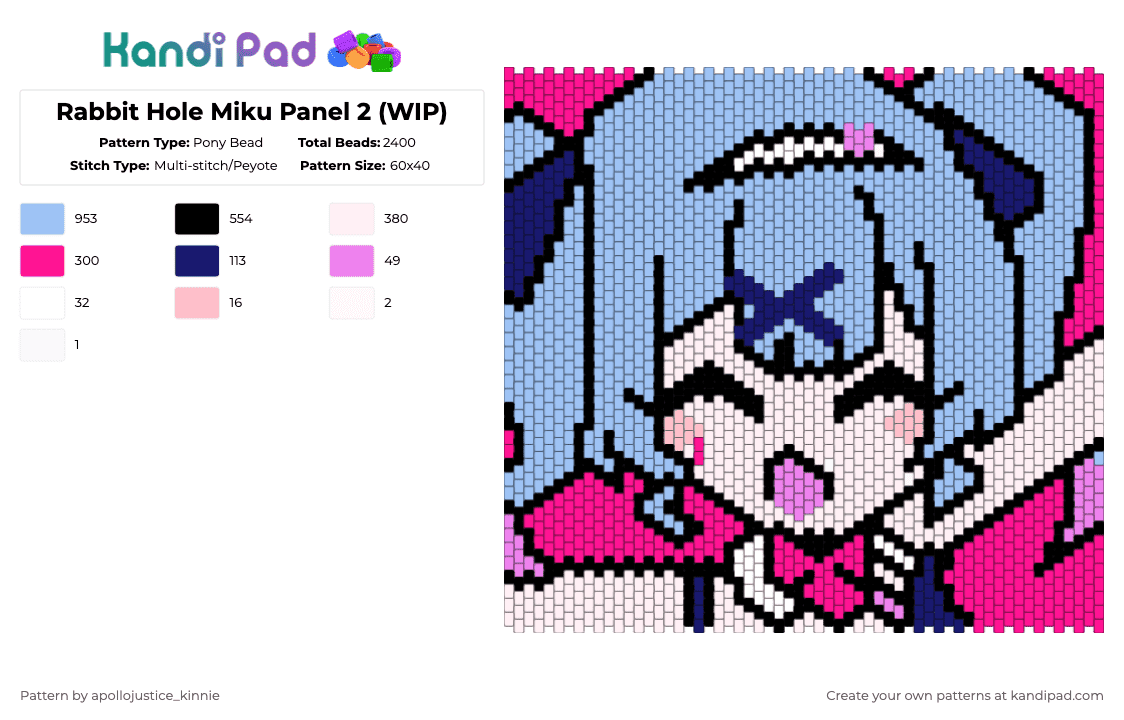 Rabbit Hole Miku Panel 2 (WIP) - Pony Bead Pattern by apollojustice_kinnie on Kandi Pad - light blue