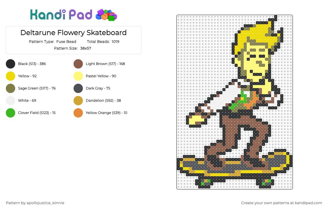 Flowery Skateboard (Deltarune) - Fuse Bead Pattern by apollojustice_kinnie on Kandi Pad - yellow,tan,deltarune,deltarune flowery,deltarune chapter five,flowery,perler bead,video game,character,video game character